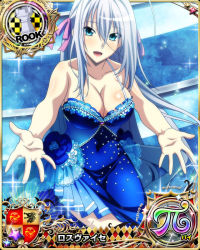 Rule 34 | 1girl, antenna hair, aqua eyes, blue dress, breasts, card (medium), character name, chess piece, cleavage, dress, hair ribbon, high school dxd, high school dxd born, large breasts, long hair, official art, open mouth, panties, ribbon, rook (chess), rossweisse, silver hair, smile, solo, trading card, underwear, very long hair