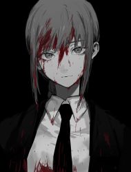 Rule 34 | 1girl, blood, blood in hair, blood on clothes, blood on face, braid, business suit, chainsaw man, closed mouth, formal, greyscale, jacket, ktym 777, long hair, makima (chainsaw man), monochrome, necktie, ringed eyes, sidelocks, simple background, single braid, solo, spot color, suit, upper body