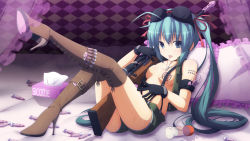 Rule 34 | 1girl, aqua eyes, aqua hair, arm strap, boots, bra, bra on head, breasts, checkered background, condom, cum, cum on body, cum on breasts, cum on upper body, dog tags, egg vibrator, facial, frilled pillow, frills, gloves, gun, hatsune miku, high heel boots, high heels, highres, jewelry, leg lift, long hair, lube, necklace, object on head, pillow, rifle, sex toy, shoes, shorts, sitting, solo, stiletto heels, suspenders, tattoo, thigh boots, thighhighs, tissue, tissue box, tongue, twintails, underwear, very long hair, vibrator, vocaloid, weapon, yuzuki kei
