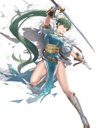 Rule 34 | 1girl, belt, boots, breasts, cape, cuboon, dress, earrings, female focus, fingerless gloves, fingernails, fire emblem, fire emblem: the blazing blade, fire emblem heroes, full body, gloves, green eyes, green hair, hair ornament, highres, holding, holding sword, holding weapon, jewelry, knee boots, long hair, lyn (fire emblem), matching hair/eyes, medium breasts, nintendo, official art, parted lips, pelvic curtain, puffy short sleeves, puffy sleeves, sheath, short sleeves, solo, striped, sword, thighs, torn clothes, transparent background, vertical stripes, weapon