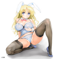 Rule 34 | 1girl, animal ears, black thighhighs, blonde hair, blue eyes, blue footwear, blush, bow, bowtie, breasts, chie (ishikei), cleavage, copyright notice, detached collar, fake animal ears, female focus, full body, garter straps, high heels, ishikei, knee up, large breasts, long hair, looking at viewer, original, photoshop (medium), pumps, rabbit ears, shiny clothes, simple background, sitting, solo, spaghetti strap, thighhighs, white background, wrist cuffs