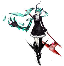 Rule 34 | 1girl, aqua eyes, aqua hair, axe, dress, female focus, full body, gradient background, hatsune miku, highres, horns, onion holic, red eyes, scar, scythe, simple background, single thighhigh, solo, stitches, thighhighs, twintails, vocaloid, weapon, white background