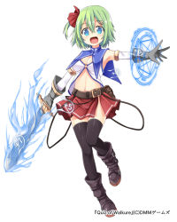 Rule 34 | 1girl, :d, blue eyes, breasts, cleavage, detached sleeves, dodome-iro mayonnaise, gloves, green hair, magic circle, navel, o-ring, o-ring top, official art, open mouth, original, pentagram, quiz of walkure, short hair, simple background, smile, solo, thighhighs, weapon