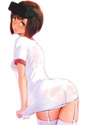 Rule 34 | 1girl, ass, bad id, bad twitter id, blush, breasts, brown eyes, brown hair, closed mouth, clothes pull, cowboy shot, embarrassed, from behind, garter straps, head-mounted display, leaning forward, looking at viewer, looking back, naked shirt, nanahime, original, see-through silhouette, shirt, shirt pull, shirt tug, short hair, short sleeves, signature, simple background, small breasts, solo, standing, tears, thighhighs, wet, wet clothes, wet shirt, white background, white shirt, white thighhighs