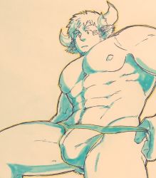 Rule 34 | abs, animal ears, bara, bulge, commentary request, cow boy, cow ears, cow horns, facial hair, feet out of frame, fiery horns, foreshortening, forked eyebrows, from below, gluteal fold, goatee, highres, horns, jockstrap, large pectorals, male focus, male pubic hair, male underwear, male underwear pull, muscular, muscular male, navel, navel hair, nipples, pectorals, pole2walker2, pubic hair, short hair, spiked hair, spot color, stomach, thick eyebrows, thick thighs, thighs, tokyo houkago summoners, topless male, underwear, wakan tanka