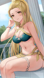 Rule 34 | 1girl, blonde hair, breasts, commission, fire emblem, fire emblem engage, hair slicked back, haru (nakajou-28), high ponytail, highres, jade (fire emblem), long hair, looking at viewer, medium breasts, midriff, navel, nintendo, official alternate costume, skeb commission, smile, swimsuit, yellow eyes
