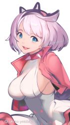 Rule 34 | 1girl, absurdres, ahoge, akisa yositake, arms behind back, blue eyes, blurry, blurry background, blurry foreground, breasts, collar, covered navel, cropped jacket, dress, elphelt valentine, guilty gear, guilty gear strive, hairband, highres, jacket, large breasts, looking at viewer, open clothes, open jacket, pink collar, pink jacket, sideboob, simple background, sleeveless, sleeveless dress, smile, solo, spiked collar, spiked hairband, spikes, upper body, white background, white dress, white hair