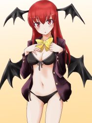 Rule 34 | 1girl, bat wings, bikini, black bikini, breasts, cleavage, gradient background, head wings, jack (wkm74959), koakuma, long hair, looking at viewer, open clothes, open mouth, open shirt, red eyes, red hair, shirt, solo, swimsuit, touhou, wings