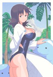 Rule 34 | 1girl, ass, blue one-piece swimsuit, breasts, cleavage, clothing cutout, commentary, creatures (company), game freak, gen 2 pokemon, highleg, highleg swimsuit, highres, inkerton-kun, lab coat, large breasts, looking at viewer, nintendo, one-piece swimsuit, open clothes, philena ivy, pokemon, pokemon (anime), pokemon (classic anime), pokemon (creature), purple eyes, purple hair, quagsire, short hair, side cutout, smile, strapless, strapless one-piece swimsuit, swimsuit, symbol-only commentary, wedgie