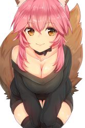Rule 34 | 10s, 1girl, animal ears, bad id, bad twitter id, bent over, black thighhighs, breasts, brown eyes, choker, cleavage, closed mouth, collarbone, dress, facing viewer, fate/extra, fate (series), fox ears, fox tail, from above, haani, highres, large breasts, looking away, looking up, off-shoulder, off-shoulder sweater, off shoulder, pink hair, ribbon choker, sidelocks, simple background, smile, solo, sweater, sweater dress, tail, tamamo (fate), tamamo no mae (fate/extra), thighhighs, white background, zettai ryouiki