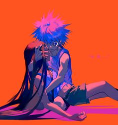 Rule 34 | 2boys, bare arms, bare shoulders, belt, black shorts, blue eyes, blue hair, blurry, depth of field, dying, eyelashes, closed eyes, facing another, feet out of frame, frown, gon freecss, green shorts, hand in another&#039;s hair, hand on another&#039;s head, hand up, highres, hug, hunter x hunter, killua zoldyck, long hair, lying on person, male focus, midriff, multicolored hair, multiple boys, navel, one eye covered, orange background, pink hair, reclining, seiza, shadow, shirt, short hair, shorts, simple background, sitting, sleeveless, spiked hair, straight hair, tank top, tearing up, torn clothes, torn shirt, torn tank top, translation request, two-tone hair, unconscious, valley (valley-g), very long hair, wide-eyed