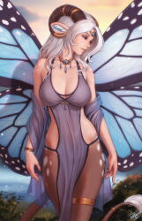 Rule 34 | 1girl, animal ear fluff, animal ears, animal legs, artist name, bare shoulders, blue eyes, bracelet, breasts, brown fur, cleavage, commentary, cowboy shot, day, dress, eyeshadow, fairy wings, fur-tipped tail, grass, grey dress, half-closed eyes, highres, horn ornament, horn ring, horns, jewelry, large breasts, light smile, long hair, looking to the side, makeup, monster girl, necklace, original, outdoors, parted lips, personal ami, shawl, shirt, sideless outfit, sleeveless, sleeveless shirt, solo, thighlet, white hair, wings
