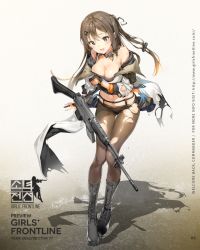 Rule 34 | 1girl, anmi, assault rifle, black panties, boots, breast hold, breasts, brown hair, brown pantyhose, cleavage, crop top, cross-laced footwear, detached collar, fingerless gloves, full body, garter belt, girls&#039; frontline, gloves, grey eyes, gun, hair ornament, hairclip, highres, k2 (girls&#039; frontline), korean text, leaning forward, long hair, long sleeves, midriff, navel, off shoulder, official art, one side up, open mouth, panties, panties under pantyhose, pantyhose, rifle, solo, thighband pantyhose, torn clothes, torn pantyhose, underwear, weapon