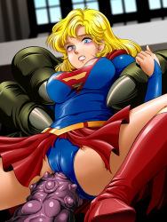 Rule 34 | 1girl, bad id, bad pixiv id, blonde hair, blue eyes, blush, boots, breasts, cameltoe, cape, cleft of venus, dc comics, genital beading, out of frame, penis, skin tight, skirt, solo focus, supergirl, sweat, tamanegiinyo, thighs, torn clothes