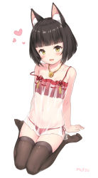 Rule 34 | 1girl, :d, animal ear fluff, animal ears, arm support, azur lane, bare shoulders, black hair, black thighhighs, blunt bangs, blush, bra, camisole, character name, collarbone, commentary request, cosplay, flat chest, fox ears, frilled bra, frills, full body, groin, heart, highres, jewelry, looking at viewer, midriff, mutsu (azur lane), nagato (azur lane), nagato (azur lane) (cosplay), nagato (great fox&#039;s respite) (azur lane), navel, necklace, open mouth, panties, red bra, red panties, ribbon-trimmed clothes, ribbon trim, see-through, seiza, short hair, side-tie panties, sidelocks, simple background, sitting, smile, solo, strap slip, thighhighs, underwear, white background, yamasan, yellow eyes