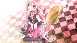 Rule 34 | 1girl, bad id, bad pixiv id, bare shoulders, blue eyes, boots, braid, checkered floor, coin, elbow gloves, fingerless gloves, floor, gloves, ia (vocaloid), long hair, looking at viewer, pink hair, sitting, skura01, solo, thigh boots, thighhighs, twin braids, vocaloid, wariza
