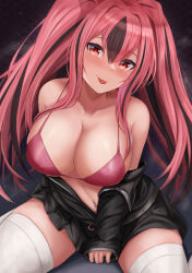 Rule 34 | 1girl, absurdres, azur lane, bare shoulders, bikini, black jacket, black shorts, blush, breasts, bremerton (azur lane), bremerton (relaxation consultation) (azur lane), brown hair, cleavage, collarbone, hair intakes, highres, huge breasts, jacket, linea alba, long sleeves, looking at viewer, multicolored hair, navel, navel piercing, official alternate costume, piercing, red bikini, red eyes, red hair, ryara, shorts, sitting, smile, solo, stomach, streaked hair, swimsuit, thighhighs, thighs, tongue, tongue out, twintails, two-tone hair, wariza, white thighhighs