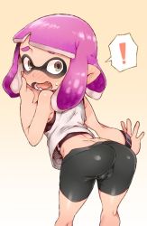 Rule 34 | !, 1girl, ass, bike shorts, blush, cameltoe, cleft of venus, collagen, domino mask, fang, from behind, inkling player character, leaning forward, looking back, mask, nintendo, no panties, open mouth, penis, pointy ears, purple hair, splatoon (series), splatoon 2, tank top, tentacle hair, thought bubble