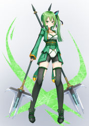 Rule 34 | &gt;:), 1girl, ankle boots, black gloves, black ribbon, black thighhighs, blunt ends, blush, boots, breasts, choker, cleavage, collarbone, commentary request, dual wielding, energy spear, fingerless gloves, full body, gloves, gradient background, green eyes, green hair, green jacket, green sash, gungun (hakutou7887), hair ornament, hair ribbon, highres, holding, jacket, legs apart, long hair, long sleeves, looking at viewer, magical girl, original, polearm, ribbon, rinko (gungun), sash, side ponytail, sidelocks, solo, sparkle, spear, standing, tassel, thighhighs, tight clothes, v-shaped eyebrows, weapon