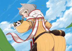 Rule 34 | 1girl, animal ears, ass, back, blunt bangs, bodysuit, cat ears, cloud, embarrassed, eyebrows, fang, gloves, hip focus, hood, hood down, leaning, leaning forward, long sleeves, looking at viewer, looking back, nia (xenoblade), nintendo, open mouth, outdoors, short hair, silver hair, sky, solo, squid neetommy, white gloves, wide hips, xenoblade chronicles (series), xenoblade chronicles 2, yellow bodysuit, yellow eyes