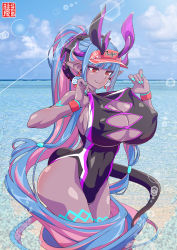 Rule 34 | 1girl, absurdres, adjusting clothes, adjusting swimsuit, aqua hair, aqua nails, black one-piece swimsuit, body markings, breast cutout, breasts, cleavage cutout, clothing cutout, colored skin, competition swimsuit, fang, fate/grand order, fate (series), grey skin, hat, highleg, highleg swimsuit, highres, horns, huge breasts, ibuki douji (fate), ibuki douji (swimsuit berserker) (fate), ibuki douji (swimsuit berserker) (first ascension) (fate), long hair, looking back, looking down, momohara rile, multicolored hair, nail polish, one-piece swimsuit, oni, oni horns, pink hair, pink hat, pink one-piece swimsuit, pointy ears, red eyes, skin fang, smile, solo, swimsuit, tail, two-tone hair, two-tone swimsuit, visor cap