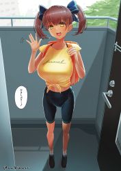Rule 34 | 1girl, backpack, bag, breasts, brown hair, capri pants, chinushiroya, collarbone, dark skin, doorway, fang, full body, hair between eyes, hands up, highres, large breasts, looking at viewer, midriff, open mouth, oppai loli, original, pants, shirt, shoes, short sleeves, short twintails, smile, sneakers, socks, solo, speech bubble, tan, tied shirt, translation request, twintails, waving, yellow eyes, yellow shirt