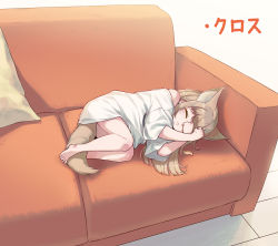 Rule 34 | 1girl, 40hara, animal ear fluff, animal ears, barefoot, blonde hair, blunt bangs, cat ears, cat tail, closed eyes, collar, couch, crossed arms, highres, kinako (40hara), long hair, lying, on side, original, oversized clothes, oversized shirt, print shirt, shirt, sleeping, solo, t-shirt, tail
