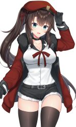 Rule 34 | 1girl, absurdres, aqua eyes, belt, beret, black gloves, black shorts, black thighhighs, blush, bow, breasts, brown hair, choker, cleavage, coat, collarbone, cowboy shot, female commander (girls&#039; frontline), fur trim, girls&#039; frontline, gloves, griffin &amp; kryuger military uniform, hair between eyes, hair ribbon, hand on headwear, hat, highres, large breasts, long hair, long sleeves, looking at viewer, open mouth, ponytail, red coat, red hat, red ribbon, ribbon, rynzfrancis, shirt, shirt tucked in, short shorts, shorts, simple background, solo, standing, thighhighs, very long hair, white background, white shirt
