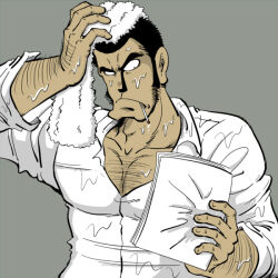 Rule 34 | 1boy, arm hair, bara, black hair, cigarette, cleft chin, closed mouth, collarbone, drying, eyelashes, fingernails, grey background, holding, holding paper, long sideburns, looking at object, lupin iii, male focus, muscular, muscular male, paper, pectoral cleavage, pectorals, sideburns, solo, thick eyebrows, towel, towel on head, upper body, wet, wet clothes, wet hair, yousuke (guruguru medaman), zenigata kouichi