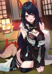 Rule 34 | 1girl, absurdres, black hair, black thighhighs, blurry, blurry background, cleavage cutout, clothing cutout, commentary request, commission, detached sleeves, facial mark, hair ornament, hajikami eleme, highres, horns, ibaraki shun, indie virtual youtuber, indoors, lizard tail, long hair, looking at viewer, multicolored hair, open mouth, parted bangs, red eyes, sitting, skeb commission, solo, streaked hair, tail, thighhighs, virtual youtuber