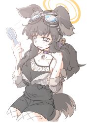 Rule 34 | 1girl, animal ears, bare shoulders, black hair, blue archive, blush, breasts, camisole, dog ears, dog girl, dog tags, dog tail, electric fan, goggles, goggles on head, hair ornament, halo, hand fan, hariyaa, hibiki (blue archive), highres, holding, holding fan, hot, medium breasts, sitting, solo, sweat, tail, tongue, tongue out, white background, yellow halo