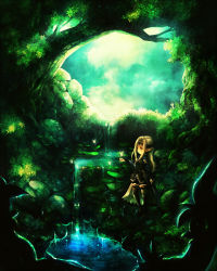 Rule 34 | 1girl, blonde hair, boots, bug, butterfly, cape, elf, highres, bug, long hair, nature, original, pointy ears, red eyes, scenery, solo, stream, sui (petit comet), thigh boots, thighhighs, tree, water