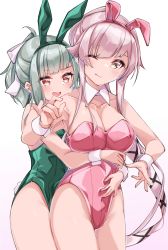 Rule 34 | 2girls, absurdres, animal ears, bare legs, bow, bowtie, breasts, rabbit ears, rabbit tail, covered navel, detached collar, fake animal ears, fake tail, flat chest, green eyes, green hair, green leotard, grey hair, hair bow, highres, hug, hug from behind, kantai collection, leotard, long hair, medium breasts, multiple girls, open mouth, pink hair, pink leotard, playboy bunny, ponytail, side-tie leotard, strapless, strapless leotard, tail, uut, very long hair, wing collar, wrist cuffs, yura (kancolle), yuubari (kancolle)