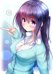 Rule 34 | 1girl, blouse, blue nails, blush, breasts, cardigan, cleavage, closed mouth, collared shirt, dress shirt, fingernails, from side, green cardigan, hair between eyes, large breasts, long hair, looking at viewer, mokufuu, nail polish, one side up, original, purple eyes, purple hair, shirt, sidelocks, signature, smile, solo, spoken star, star (symbol), upper body, v, very long hair, white shirt