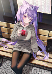 Rule 34 | 1girl, absurdres, alternate costume, bench, black bag, black pantyhose, blush, braid, breasts, bus stop, closed mouth, commentary, cone hair bun, contemporary, cup, day, disposable cup, dot nose, double bun, drawstring, drink, drinking straw, feet out of frame, from above, genshin impact, hair bun, highres, holding, holding drink, hood, hood down, hoodie, hyonee, keqing (genshin impact), large breasts, long hair, long sleeves, looking at viewer, nail polish, outdoors, pantyhose, purple eyes, purple hair, purple nails, reflection, sitting, smile, solo, stone floor, swept bangs, twintails, very long hair