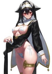 Rule 34 | 1girl, absurdres, bikini, black headwear, blush, breasts, cleavage, closed mouth, commentary request, highres, large breasts, long sleeves, looking at viewer, medium hair, micro bikini, nun, original, red eyes, side-tie bikini bottom, simple background, smile, solo, swimsuit, thighlet, thighs, white background, white bikini, yamanokami eaka