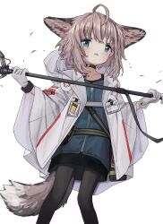 Rule 34 | 1girl, ahoge, animal ears, arknights, belt, black choker, black dress, black pantyhose, blue eyes, blue jacket, blush, brown hair, chinese commentary, choker, cloak, commentary request, dress, feet out of frame, fox ears, fox girl, fox tail, frown, gloves, hands up, highres, holding, holding staff, hood, hood down, hooded cloak, id card, jacket, looking ahead, material growth, medium hair, neko yeye, open cloak, open clothes, open mouth, oripathy lesion (arknights), pantyhose, pigeon-toed, short dress, simple background, solo, staff, standing, sussurro (arknights), tail, two-handed, v-shaped eyebrows, white background, white cloak, white gloves