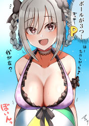 Rule 34 | 1girl, :d, absurdres, arm ribbon, ball, bare shoulders, beachball, bikini, black bow, black choker, blue sky, blush, bow, braid, breast rest, breasts, choker, cleavage, collarbone, commentary request, day, grey hair, hair bow, highres, idolmaster, idolmaster cinderella girls, kanzaki ranko, large breasts, looking at viewer, mabanna, open mouth, outdoors, p-head producer, producer (idolmaster), purple bikini, red eyes, ribbon, sky, smile, solo, swimsuit, translation request, twin braids, upper body