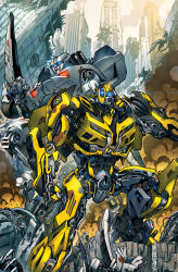 Rule 34 | alex milne, arm blade, autobot, blue eyes, bumblebee (transformers), city, clenched hand, collaboration, commentary, dyemooch, english commentary, glowing, glowing eyes, mecha, pointing, robot, science fiction, sideswipe, smoke, transformers, transformers: dark of the moon, transformers (live action), weapon, western comics (style)