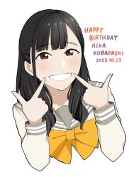 Rule 34 | 1girl, barkhorn0331, black hair, blunt bangs, blush, bow, bowtie, brown eyes, character name, commentary request, cropped torso, dated, fingers to cheeks, grey sailor collar, happy birthday, highres, kobayashi aika, long hair, long sleeves, looking at viewer, love live!, love live! sunshine!!, sailor collar, school uniform, shirt, sidelocks, smile, solo, upper body, uranohoshi school uniform, voice actor, white background, white shirt, winter uniform, yellow bow, yellow bowtie