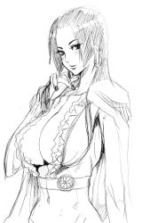 Rule 34 | 1girl, amazon lily, amazon warrior, bad id, bad pixiv id, black eyes, blush, boa hancock, breasts, cleavage, female focus, greyscale, highres, huge breasts, large breasts, long hair, monochrome, one piece, sketch, solo, toryuu, white background