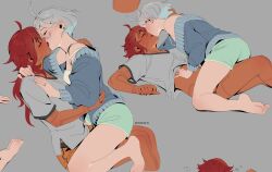 Rule 34 | 2girls, bare legs, barefoot, blue cardigan, blue shorts, blush, camisole, cardigan, closed eyes, clothes lift, commentary, dark-skinned female, dark skin, english commentary, french kiss, grey background, gundam, gundam suisei no majo, hand on another&#039;s shoulder, hand on another&#039;s stomach, hand on another&#039;s waist, highres, ickysickly, jewelry, kiss, long hair, miorine rembran, multiple girls, red hair, ring, scar, scar on arm, shirt lift, short hair, shorts, simple background, sitting, sitting on lap, sitting on person, suletta mercury, toes, tongue, tongue out, wedding ring, white camisole, white hair, wife and wife, yuri