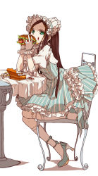 Rule 34 | 1girl, bonnet, bow, brown hair, burger, chair, colored eyelashes, dress, eating, elbows on table, food, food on face, frilled dress, frilled gloves, frilled shirt collar, frills, gloves, green eyes, high heels, highres, juliet sleeves, ketchup, kneehighs, lolita fashion, long hair, long sleeves, massuru, original, puffy sleeves, pumps, ribbon, simple background, sitting, socks, solo, striped clothes, striped dress, table, tablecloth, white background
