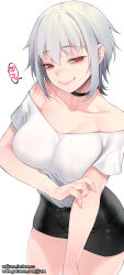 Rule 34 | 1girl, absurdres, bare shoulders, black choker, black skirt, breasts, choker, closed mouth, collarbone, commentary, fanbox username, fingernails, hair between eyes, heart, heart pasties, highres, jjune, large breasts, looking at viewer, original, pasties, patreon username, red eyes, see-through, short hair, short sleeves, simple background, skirt, smile, solo, spoken heart, symbol-only commentary, white background, white hair