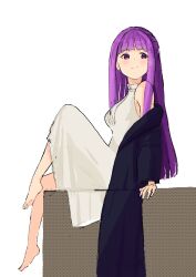 Rule 34 | 1girl, barefoot, black robe, blunt bangs, blush, breasts, closed mouth, commentary request, dress, fern (sousou no frieren), from side, hand rest, joylispark, knee up, long hair, looking to the side, medium breasts, off shoulder, purple eyes, purple hair, robe, sidelocks, simple background, sitting, smile, sousou no frieren, straight hair, white background, white dress