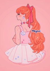 Rule 34 | 1girl, artist name, bad id, bad twitter id, black eyes, blossom (ppg), bow, choker, commentary, cropped torso, ear piercing, earrings, english commentary, flower, freckles, from behind, hair bow, jewelry, long hair, looking at viewer, looking back, meyoco, orange hair, piercing, pink background, pink bow, pink flower, pink tank top, pleated skirt, ponytail, powerpuff girls, profile, simple background, skirt, solo, sparkle, tank top, very long hair, white flower, white skirt