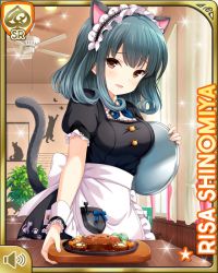 Rule 34 | 1girl, :d, animal ears, apron, black dress, blue bow, bow, brown eyes, cafe, card (medium), cat ears, cat tail, character name, day, dress, fake animal ears, fake tail, girlfriend (kari), green hair, holding, indoors, maid, maid apron, maid headdress, official art, open mouth, qp:flapper, shinomiya risa, smile, tagme, tail