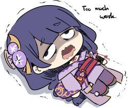 Rule 34 | 1girl, blunt bangs, bocchi the rock!, braid, chibi, drooling, english text, genshin impact, hair ornament, highres, japanese clothes, long hair, long sleeves, low-braided long hair, low-tied long hair, lying, obi, on back, open mouth, purple hair, raiden shogun, raised eyebrows, red sash, rolling eyes, saliva, sash, sesield, shaded face, simple background, sketch, solo, thighhighs, trembling, very long hair, wavy mouth, white background
