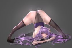 Rule 34 | 1girl, ass, bare shoulders, blush, breast press, breasts, genshin impact, hair ornament, hairpin, jack-o&#039; challenge, keqing (genshin impact), long hair, looking at viewer, purple eyes, purple hair, shiny clothes, shiny skin, solo, soto, thighhighs, thong, top-down bottom-up, topless, twintails, very long hair