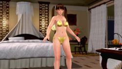 Rule 34 | 1girl, 3d, animated, ass, bedroom, bikini, breasts, brown eyes, brown hair, cleavage, dead or alive, dead or alive xtreme 3 fortune, female focus, lei fang, video, navel, side-tie bikini bottom, sound, swimsuit, tagme, twintails, yellow bikini